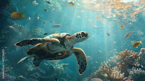 a sea turtle gliding gracefully near a coral reef, myriad of fish in the background, ambient sunlight realistic © Nabeel