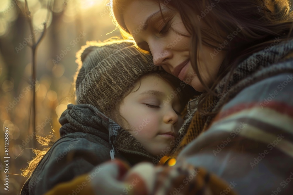 Obraz premium A woman cradling her young child in her arms, showing love and care, A heartwarming portrayal of a mother and her son