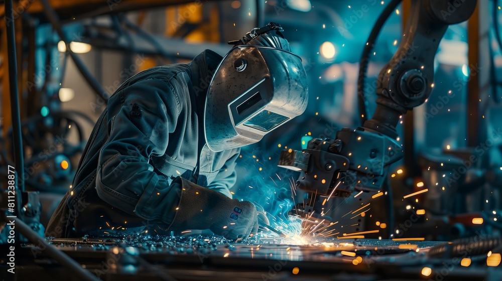 Industrial worker, welder in factory, safety and skill in metalwork. Sparks and light during steel production, protective equipment in use.. Industrial worker, welder in factory, safety and skill in metalwork. Sparks and light during steel production, protective equipment in use..