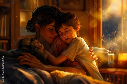 A woman and a child lovingly embrace while lying in bed, A heartwarming portrayal of a mother and her son © Iftikhar alam