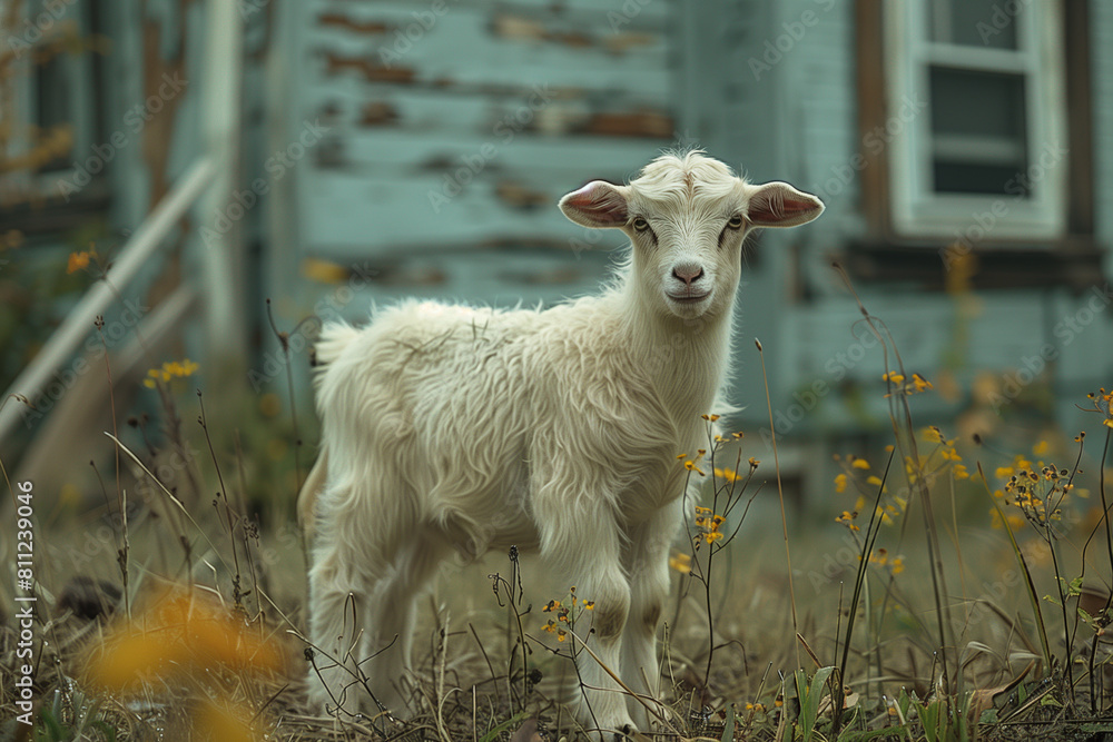 Obraz premium A young goat stands in a grassy field next to a building