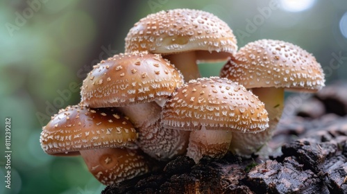 Close-up of a cluster of shiitake mushrooms growing on a log, highlighting the natural beauty and texture of these prized fungi. © Plaifah