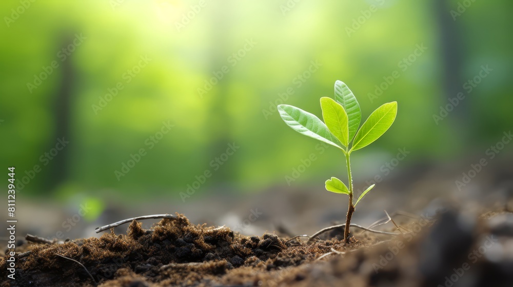 Macro shot of a fresh sapling in a forest, emphasizing its young bark and foliage against a blurred natural background, representing the rebirth of the forest Macro shot of a fresh sapling in a forest, emphasizing its young bark and foliage against a blurred natural background, representing the rebirth of the forest