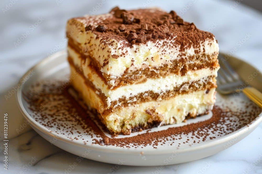 A slice of tiramisu cake resting on a white plate with a fork beside it, A heavenly slice of light and airy tiramisu cake A slice of tiramisu cake resting on a white plate with a fork beside it, A heavenly slice of light and airy tiramisu cake
