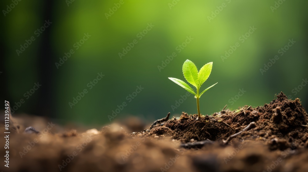 Fototapeta premium Macro shot of a fresh sapling in a forest, emphasizing its young bark and foliage against a blurred natural background, representing the rebirth of the forest