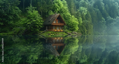 Glorious Landscape of a Lakehouse amidst Thick Rainforest with Reflecting Water and Cascading Moss