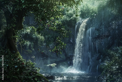 A waterfall flowing in the middle of a dense forest, A hidden waterfall tucked away in a lush, untouched forest