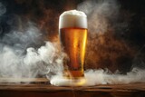Glass of beer with foam on wooden table on dark background with smoke