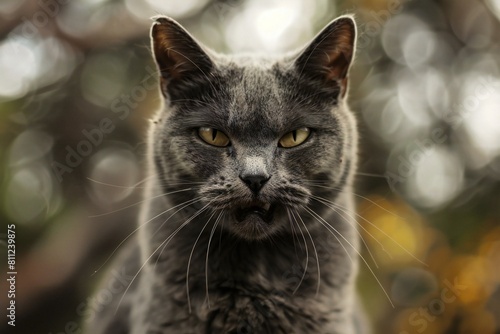 Gray cat with yellow eyes on a blurred background   Portrait