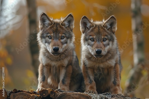 Two wolves sitting on a log in the autumn forest looking at the camera