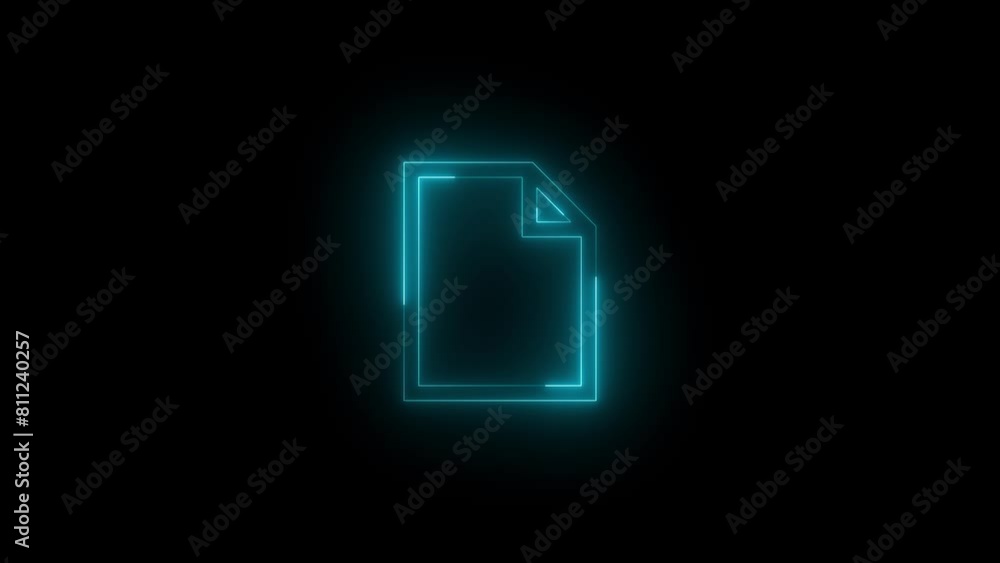 Neon glowing cyan color page file icon on black background animation Neon glowing cyan color page file icon on black background animation