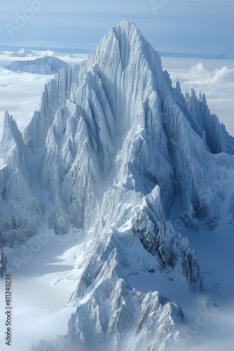A large mountain covered in snow is seen from above, AI