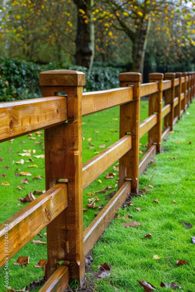 Fresh wooden fence enhancing lush green lawn and trees, creating a serene outdoor atmosphere