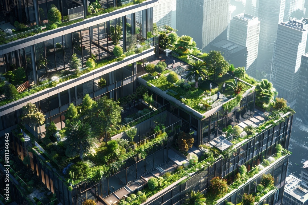 Towering Highrise Covered in Lush Green Plants, A high-rise office building with a series of terraces and green roofs for employees to enjoy