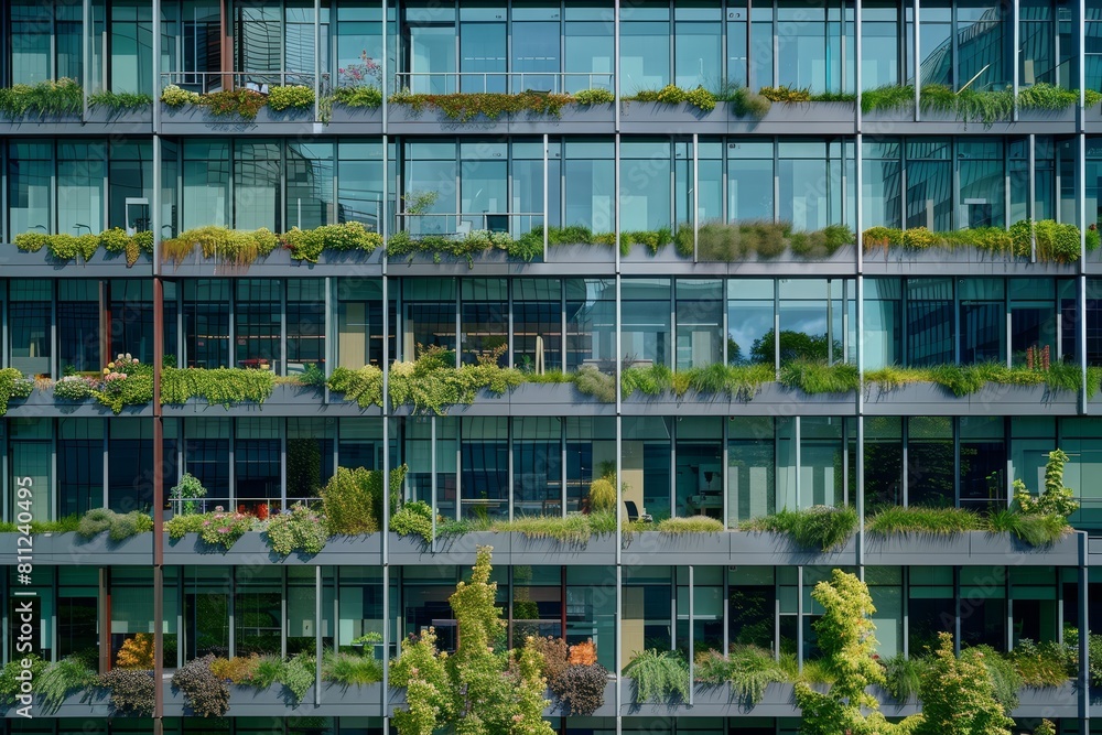A very tall office building with numerous windows, reaching into the sky, A high-rise office building with a series of terraces and green roofs for employees to enjoy A very tall office building with numerous windows, reaching into the sky, A high-rise office building with a series of terraces and green roofs for employees to enjoy
