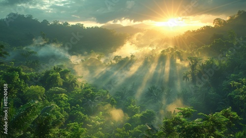 A view of a beautiful tropical forest with the sun shining through  AI