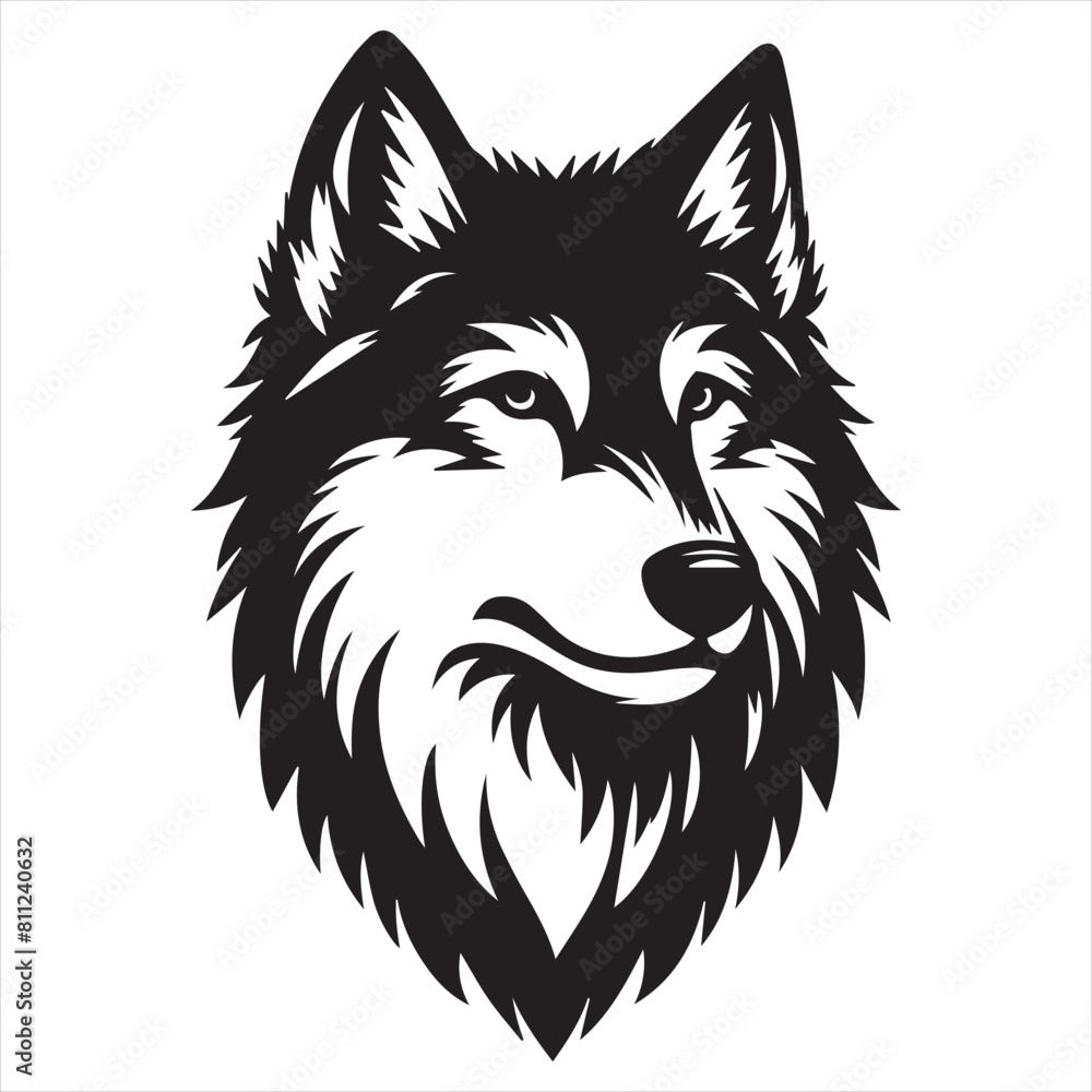 Wolf head is shown in black and white with a more realistic silhouette on white background