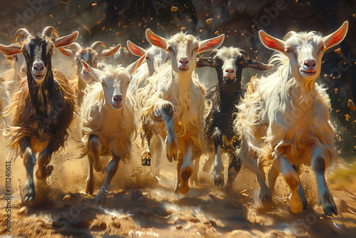 A herd of goats running energetically across a dusty field