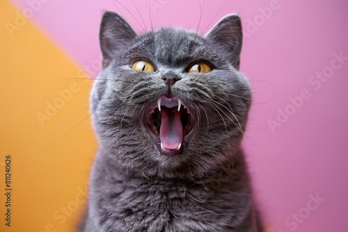Funny british shorthair cat yawning on colorful background