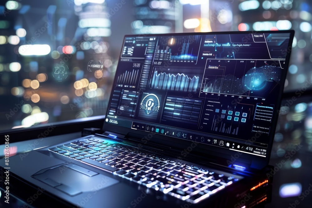 A laptop computer positioned on top of a desk in an office setting, A high-tech laptop with an advanced AI assistant and voice recognition capabilities A laptop computer positioned on top of a desk in an office setting, A high-tech laptop with an advanced AI assistant and voice recognition capabilities