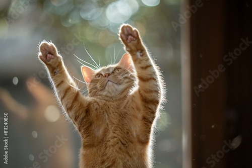 Cute ginger cat is raising his arms up in the air