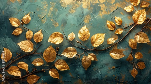 Beautiful gold decoration art wallpaper. Art painting  background  modern art and nature. Floral pattern with golden leaves  plants  bamboo curving along the line and green background...........