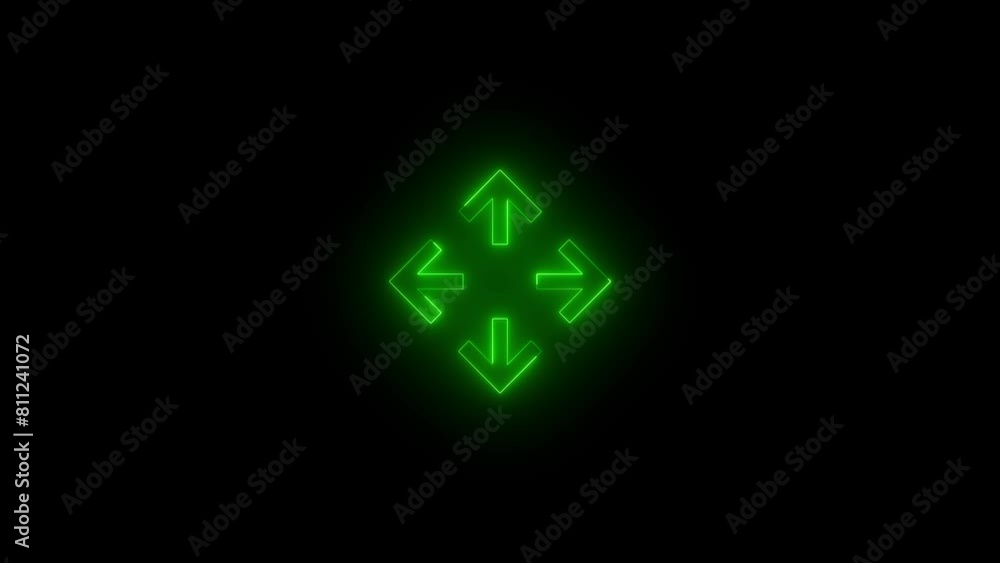 Neon glowing green color left right up down arrow direction icon on black background animation Neon glowing green color left right up down arrow direction icon on black background animation