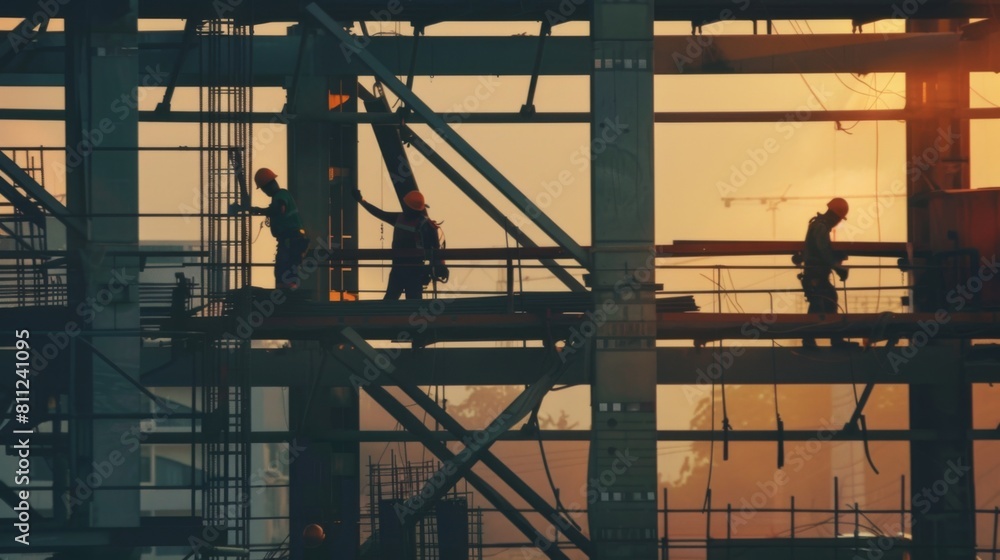 Construction workers assembling steel beams on a high-rise building site, symbolizing progress and development in urban infrastructure. Construction workers assembling steel beams on a high-rise building site, symbolizing progress and development in urban infrastructure.