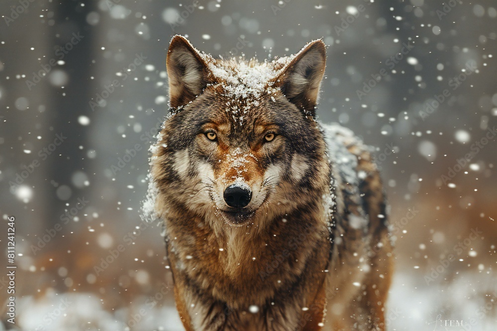 Grey wolf in winter forest,  Wild animal in nature,  Wildlife scene