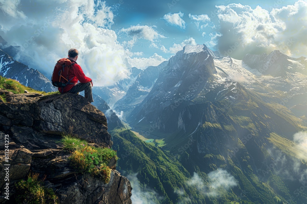A man rests on a cliffs edge, gazing at a majestic mountain in the distance, A hiker resting at the edge of a cliff, admiring a majestic mountain view A man rests on a cliffs edge, gazing at a majestic mountain in the distance, A hiker resting at the edge of a cliff, admiring a majestic mountain view