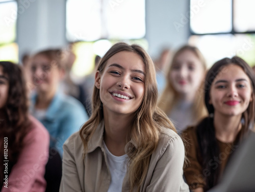 a Happy white woman smiling and sitting in class with other students during a business workshop or presentation. A group of young people learning together at a conference.