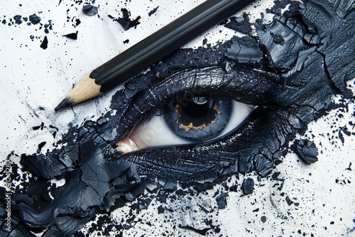 Close-up of female eye with black paint and pencil,  Beauty concept photo