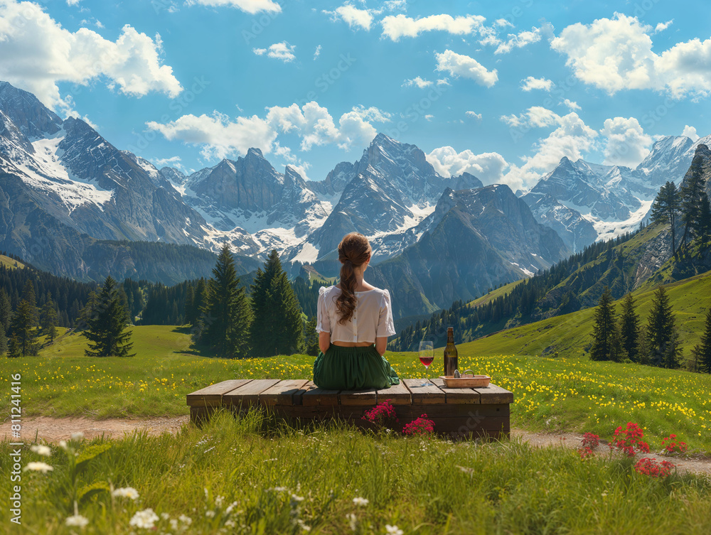A woman sitting on an old wooden bench in the middle of green meadows with colorful flowers, behind her is a beautiful mountain landscape with snowcapped mountains and a blue sky with white clouds. 