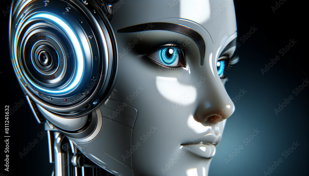 A robot with blue eyes and silver ears. The robot is wearing headphones A robot with blue eyes and silver ears. The robot is wearing headphones