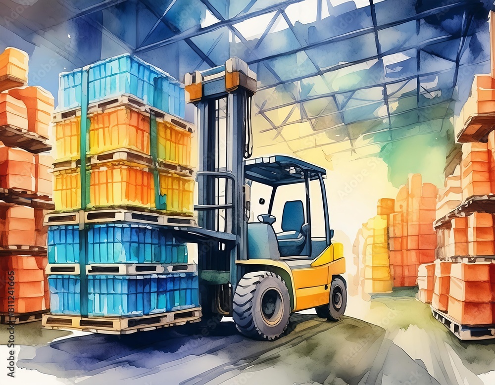 Forklift Operating in a Warehouse. Generative AI Forklift Operating in a Warehouse. Generative AI