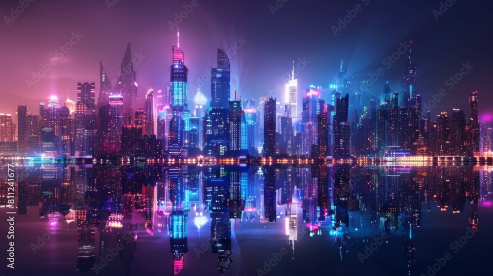 Nighttime cityscape with illuminated high-rise buildings, creating a mesmerizing spectacle of lights and reflections against the dark sky.