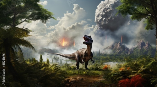 Dinosaur stands in prehistoric environment with a erupting volcano. Photorealistic.