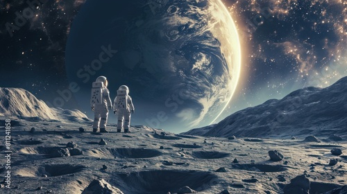 Two astronauts explore alien land landscape with giant planet and mountains. Fantasy wall paper.