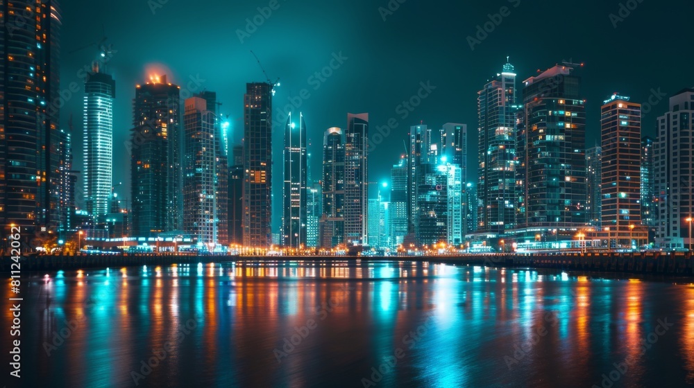Naklejka premium Nighttime cityscape with illuminated high-rise buildings, creating a mesmerizing spectacle of lights and reflections against the dark sky.