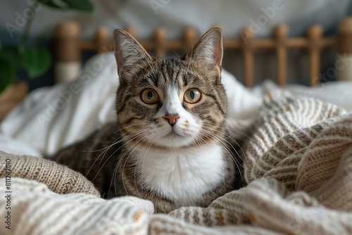 Cute tabby cat lying on the bed, close-up