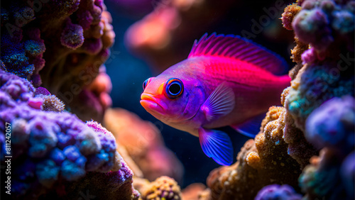 A small, colored neon dottyback fish peeks out from a crevice in a colorful coral reef. Ideal for diving and snorkeling promotion, underwater life demonstrations, marine reef conservation materials. © Olga