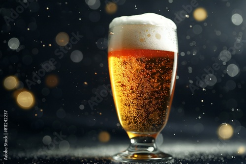 Glass of beer with foam on a dark background with bokeh