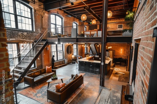 Living Room With Abundant Windows and Furniture, A historic office building that has been converted from a former warehouse, showcasing its original brick facade and industrial charm © Iftikhar alam