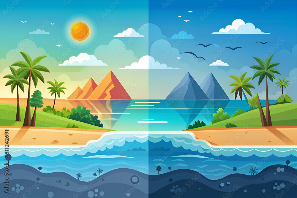 Environmental flat design front view ocean theme animation split-complementary color scheme