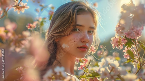 A beautiful young woman stands in the warm sun, surrounded by pastel-colored flowers, creating a romantic and idyllic portrait hyper realistic 