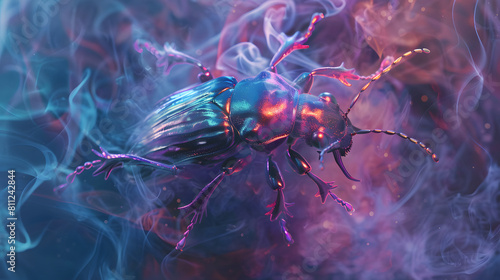 A tiny beetle crawls in swirling smoke, its iridescent exoskeleton gleaming with neon hues against the atmospheric backdrop