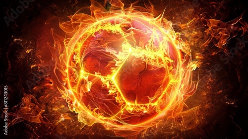 Soccer ball ablaze with embers, symbolizing intense competition and passion on the field