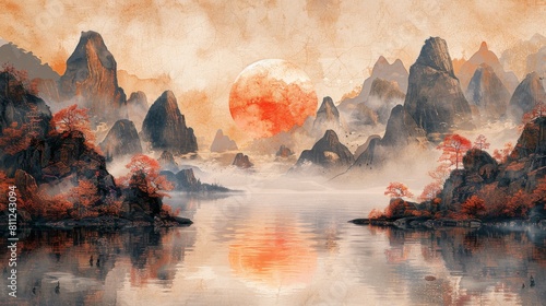 Artistic background. Modern landscape painting in the Chinese style. Gold texture to match the background. Ink landscape painting with abstract artwork. Prints, wallpapers, posters, murals, carpets.