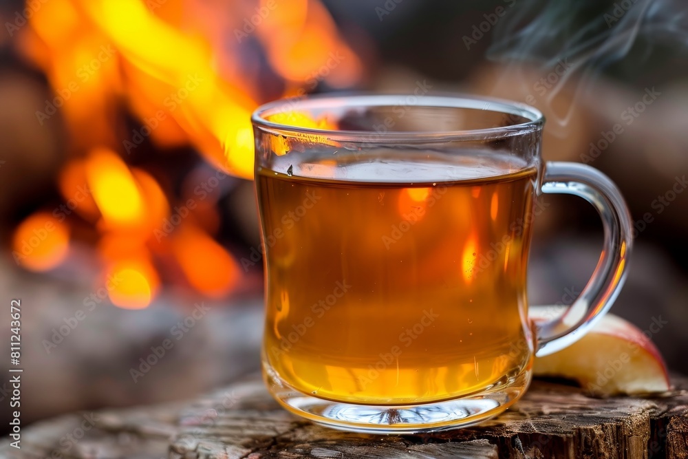 A cup of tea resting on a wooden table, A hot cup of cider being enjoyed by a crackling bonfire A cup of tea resting on a wooden table, A hot cup of cider being enjoyed by a crackling bonfire