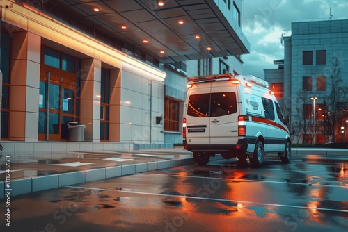 An ambulance is parked in front of a hospital building, ready for emergency response, A hospital entrance with an ambulance pulled up photo